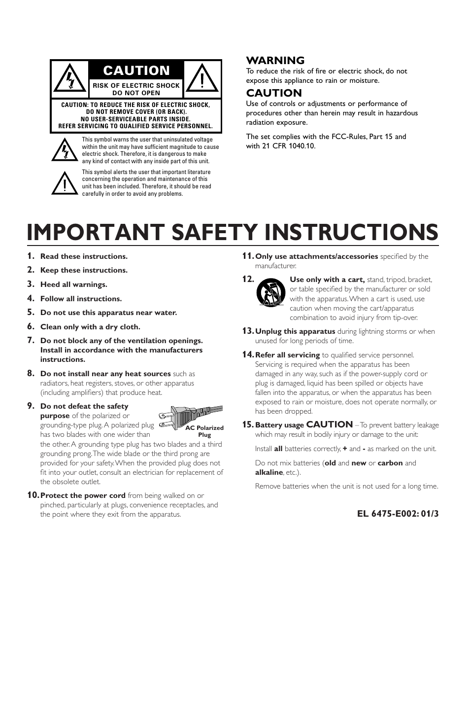 Important safety instructions, Caution, Warning | Yamaha DVD-S530 User Manual | Page 2 / 27