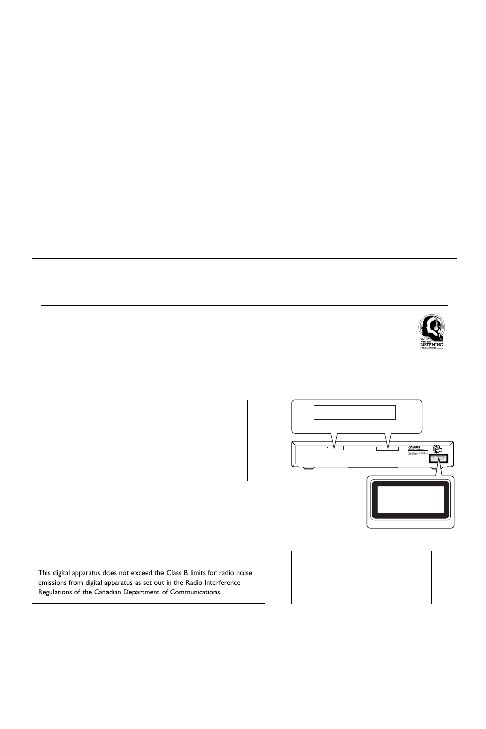 We want you listening for a lifetime, Fcc information (for us customers only), For customer use | For canadian customers, Made in china | Yamaha DVD-S530 User Manual | Page 3 / 27