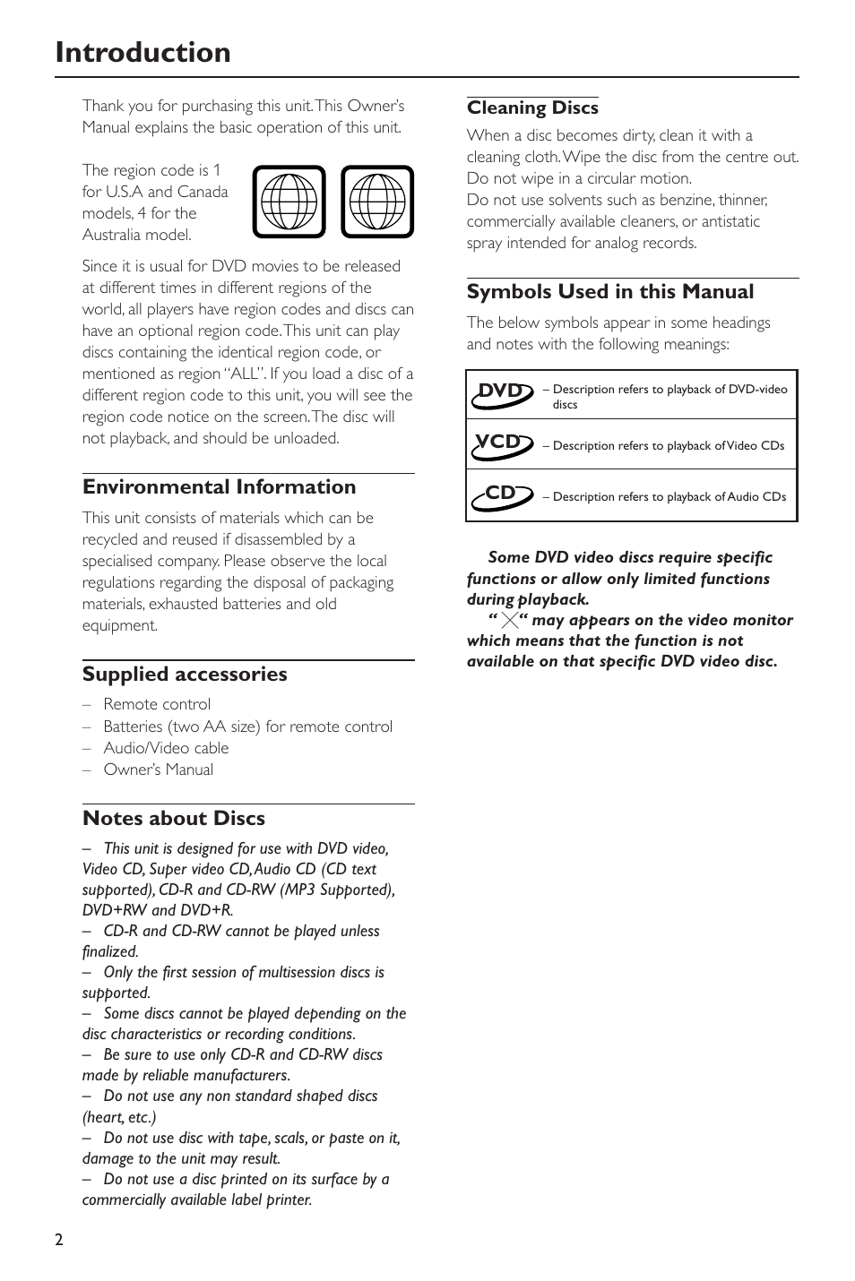 Introduction, Environmental information, Supplied accessories | Notes about discs, Symbols used in this manual | Yamaha DVD-S530 User Manual | Page 6 / 27