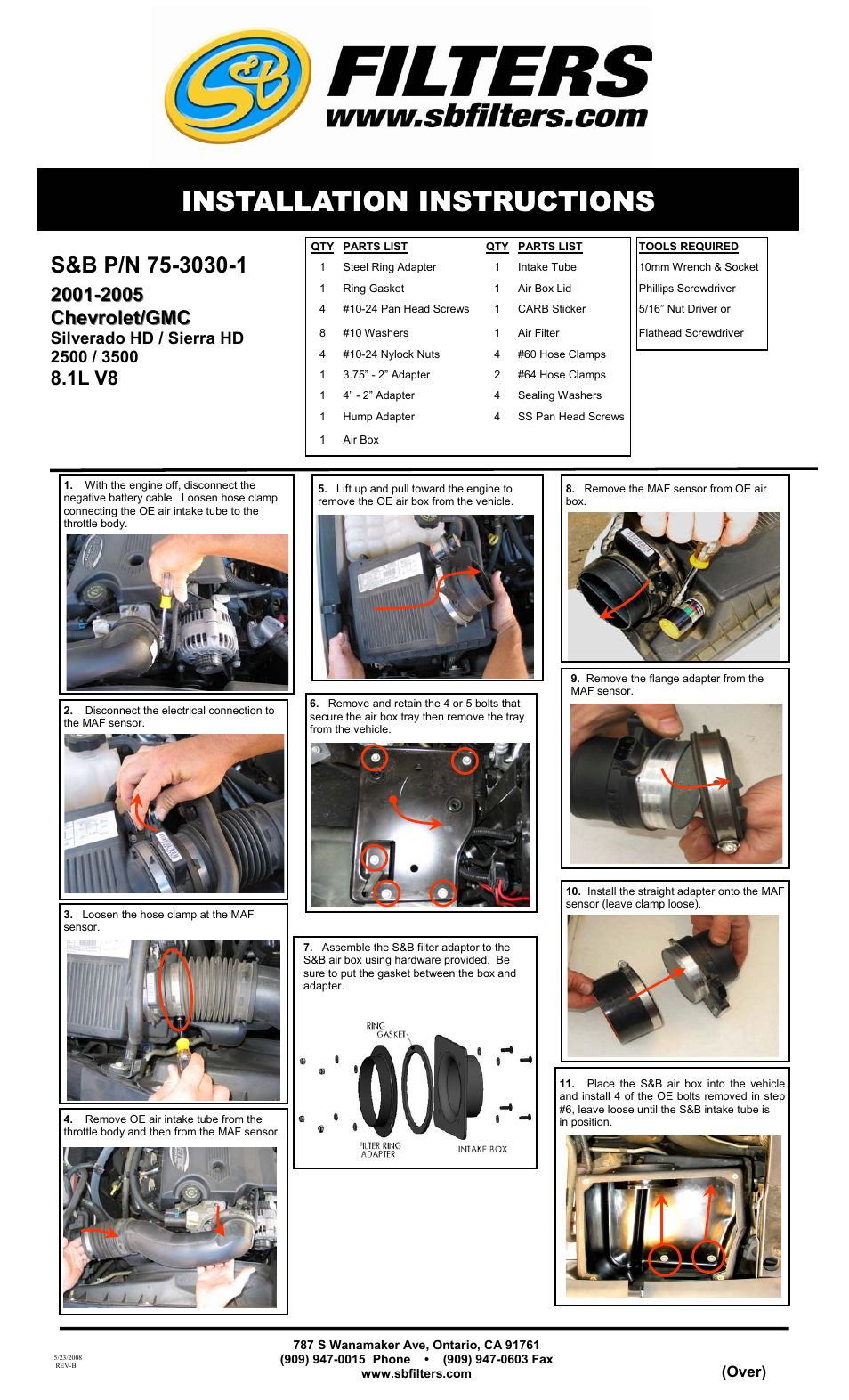 S&B Filters Cold Air Intake Kit - Cotton Filter 75-3030-1 User Manual | 2 pages