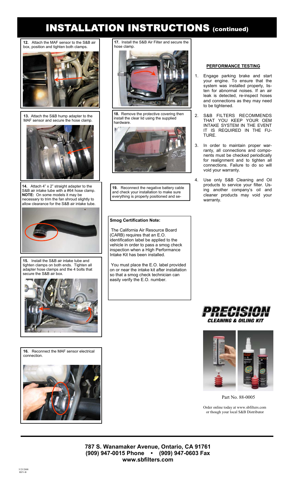 Installation instructions | S&B Filters Cold Air Intake Kit - Cotton Filter 75-3030-1 User Manual | Page 2 / 2