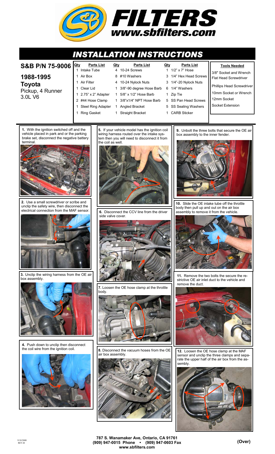 S&B Filters Cold Air Intake Kit - Cotton Filter 75-9006 User Manual | 3 pages
