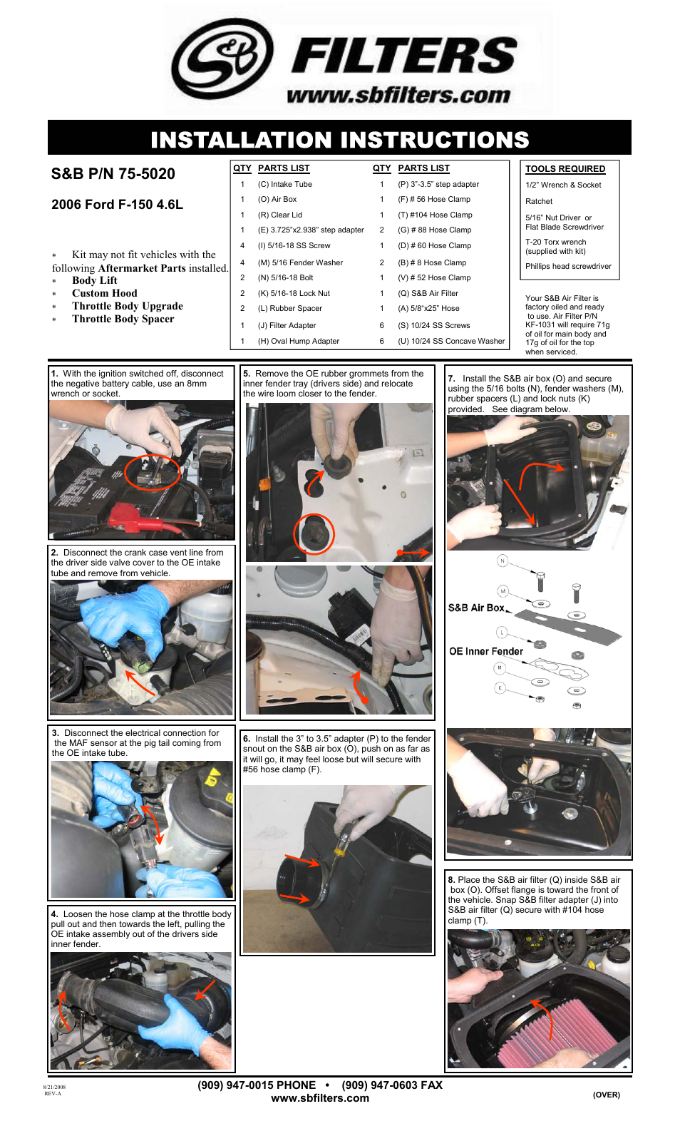 S&B Filters Cold Air Intake Kit - Cotton Filter 75-5020 User Manual | 3 pages