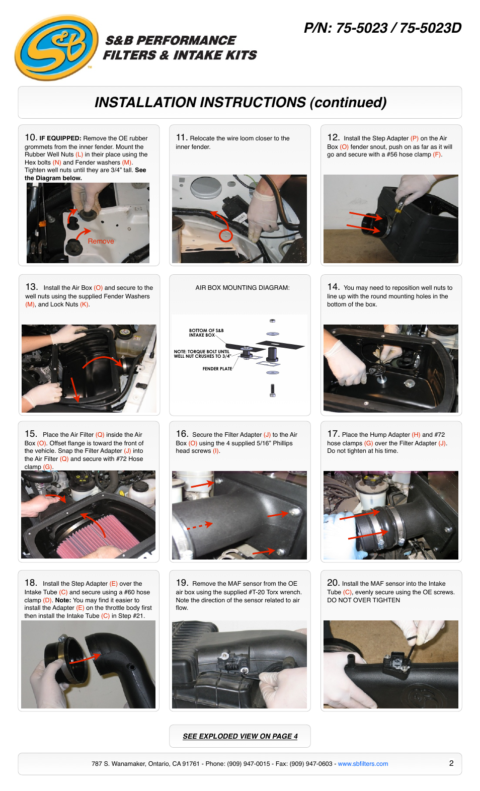 Installation instructions (continued) | S&B Filters Cold Air Intake Kit - Cotton Filter 75-5023 User Manual | Page 2 / 4