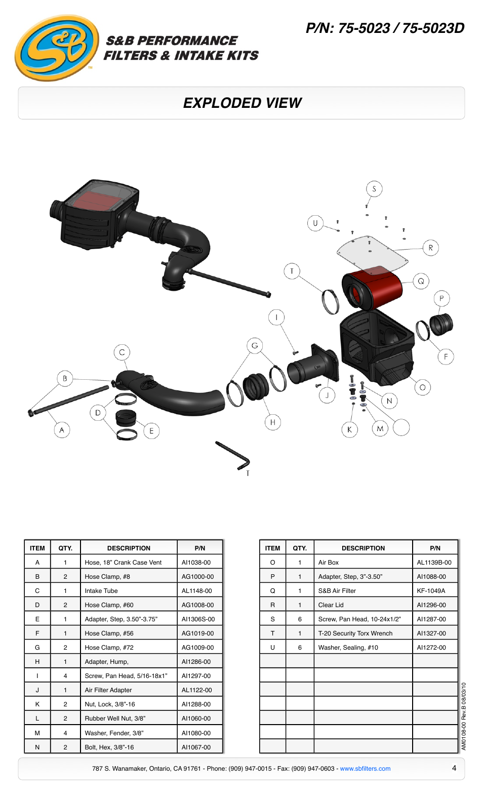 Exploded view | S&B Filters Cold Air Intake Kit - Cotton Filter 75-5023 User Manual | Page 4 / 4