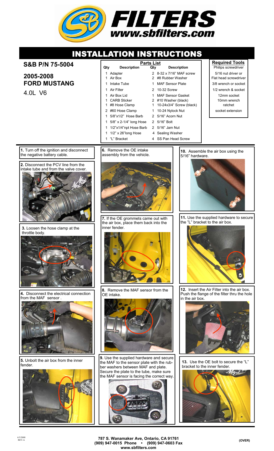 S&B Filters Cold Air Intake Kit - Cotton Filter 75-5004 User Manual | 2 pages