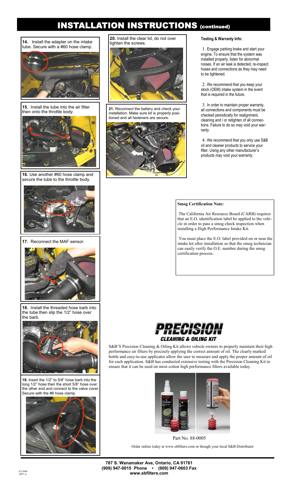 Installation instructions | S&B Filters Cold Air Intake Kit - Cotton Filter 75-5004 User Manual | Page 2 / 2