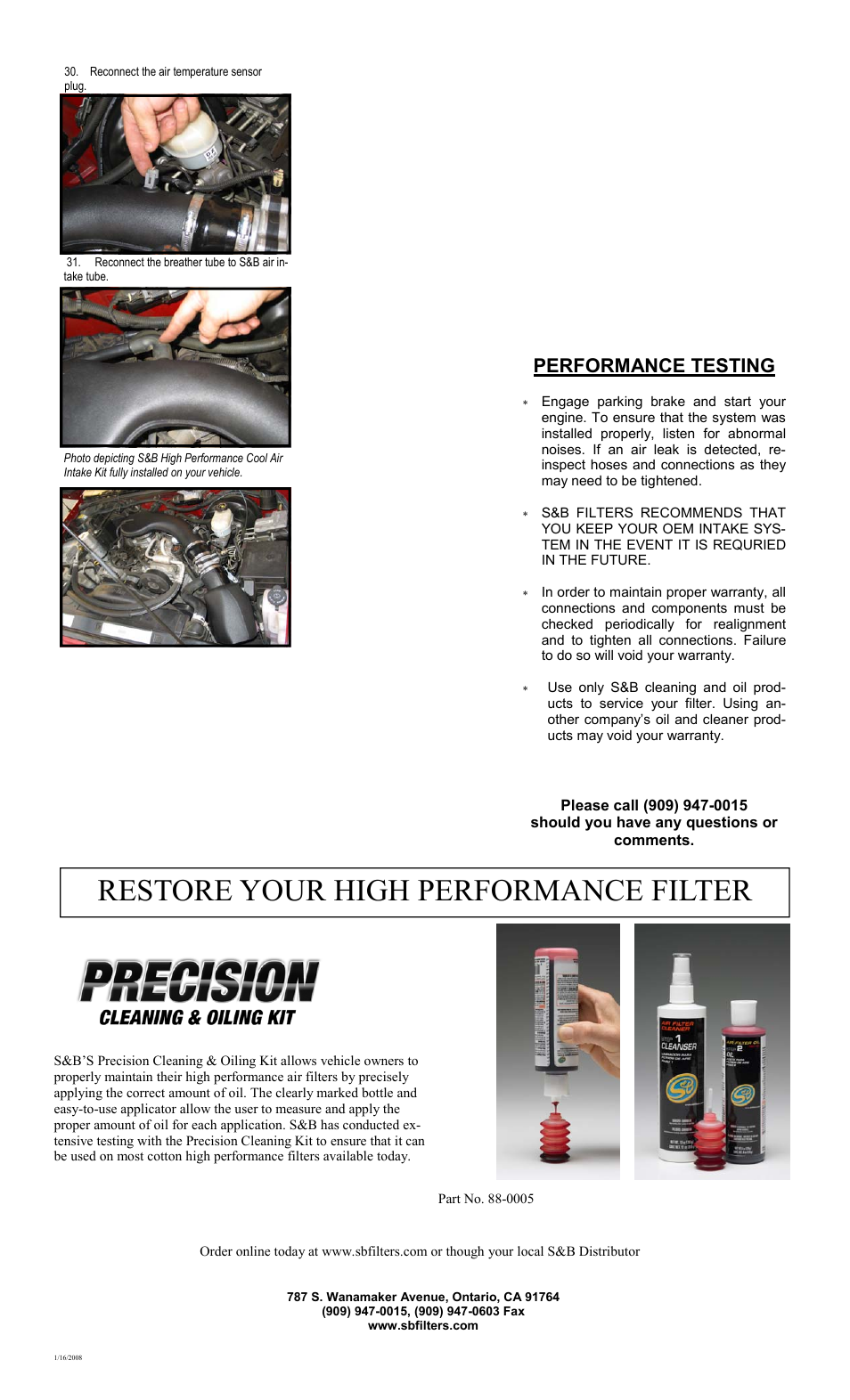 Restore your high performance filter, Performance testing | S&B Filters Cold Air Intake Kit - Cotton Filter 75-3017-2 User Manual | Page 3 / 3