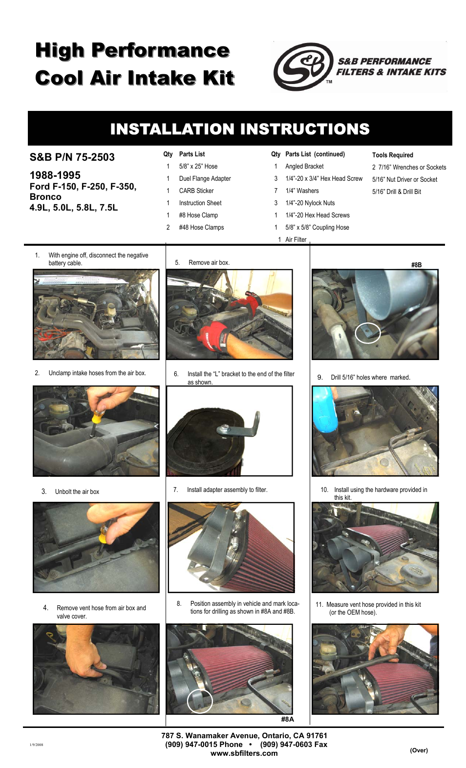 S&B Filters Cold Air Intake Kit - Cotton Filter 75-2503 User Manual | 2 pages