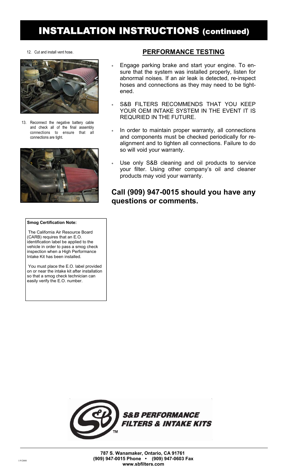 Installation instructions, Continued), Performance testing | S&B Filters Cold Air Intake Kit - Cotton Filter 75-2503 User Manual | Page 2 / 2