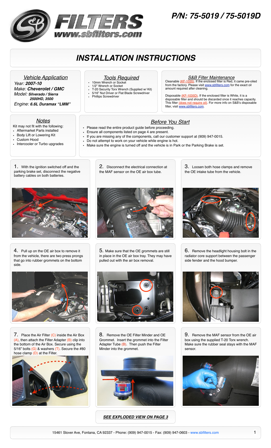 S&B Filters Cold Air Intake Kit - Cotton Filter 75-5019 User Manual | 3 pages