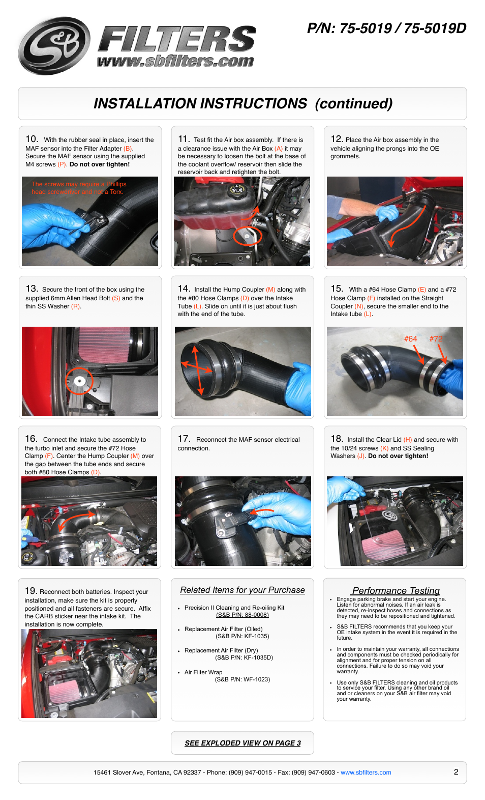 Installation instructions (continued), Performance testing, Related items for your purchase | S&B Filters Cold Air Intake Kit - Cotton Filter 75-5019 User Manual | Page 2 / 3