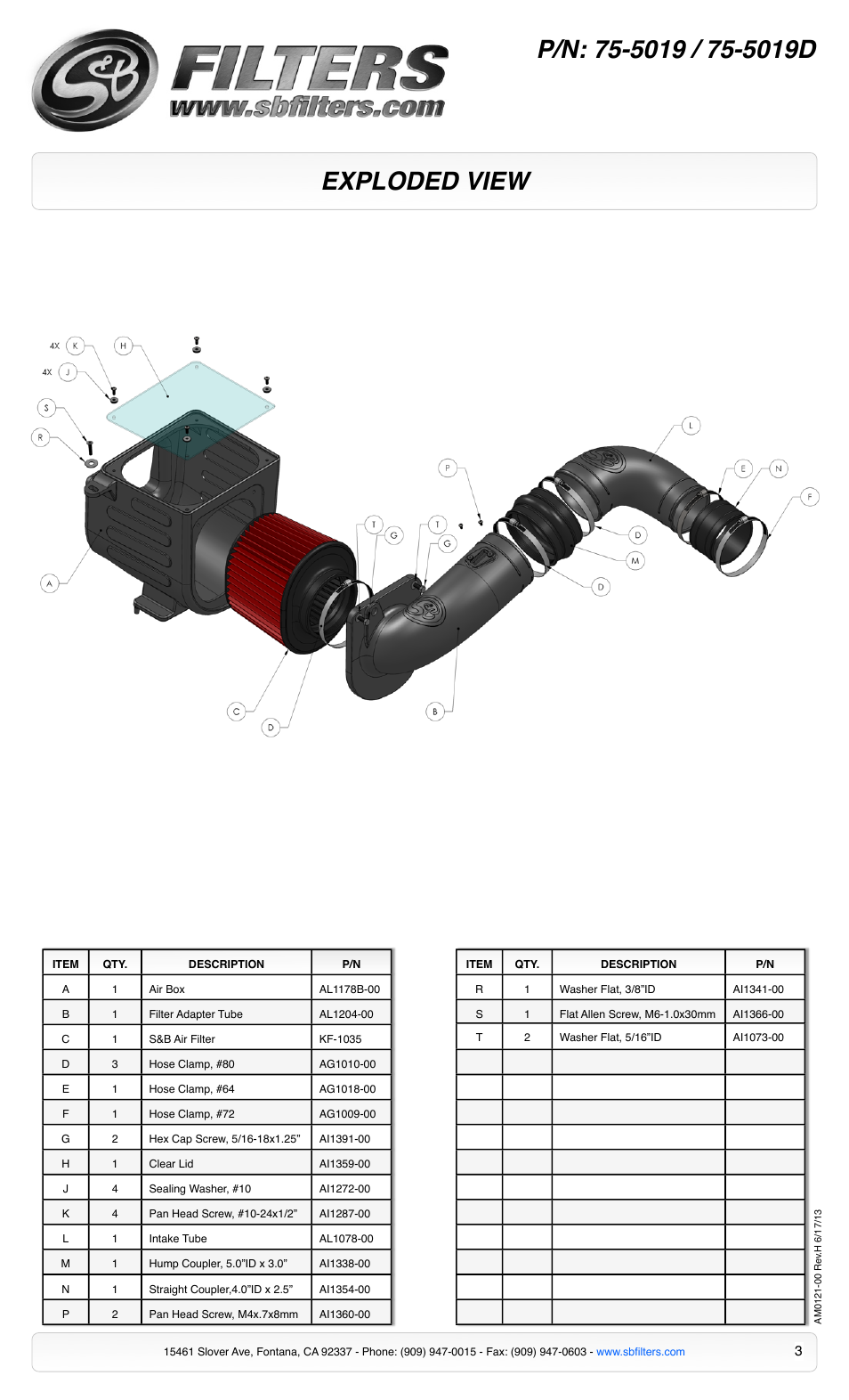 Exploded view | S&B Filters Cold Air Intake Kit - Cotton Filter 75-5019 User Manual | Page 3 / 3