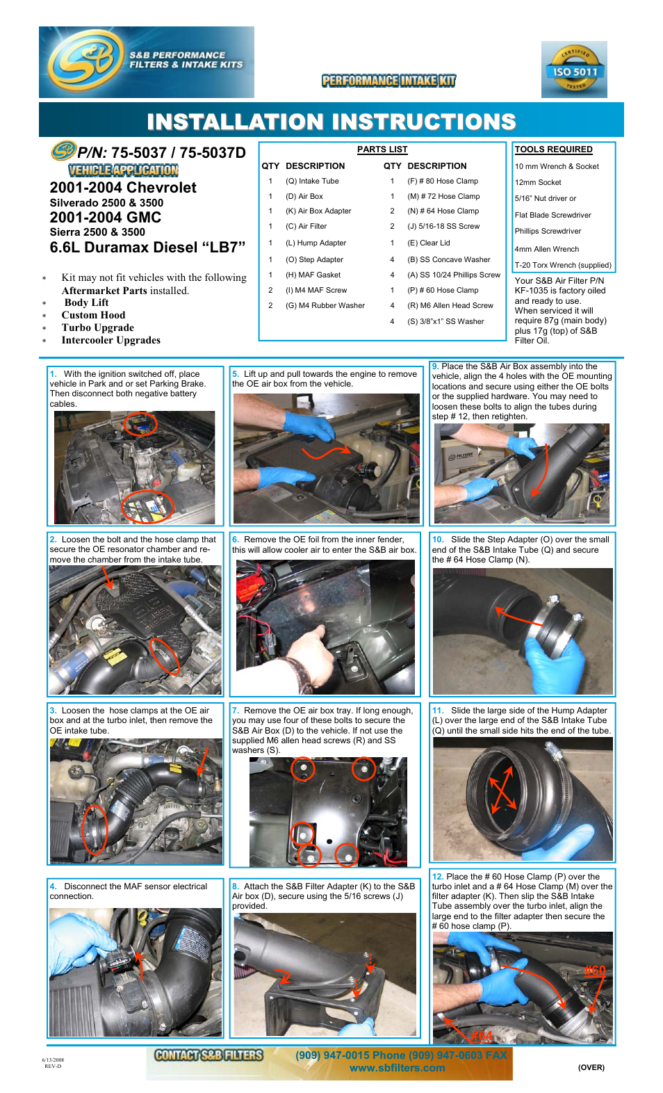 S&B Filters Cold Air Intake Kit - Cotton Filter 75-5037 User Manual | 3 pages