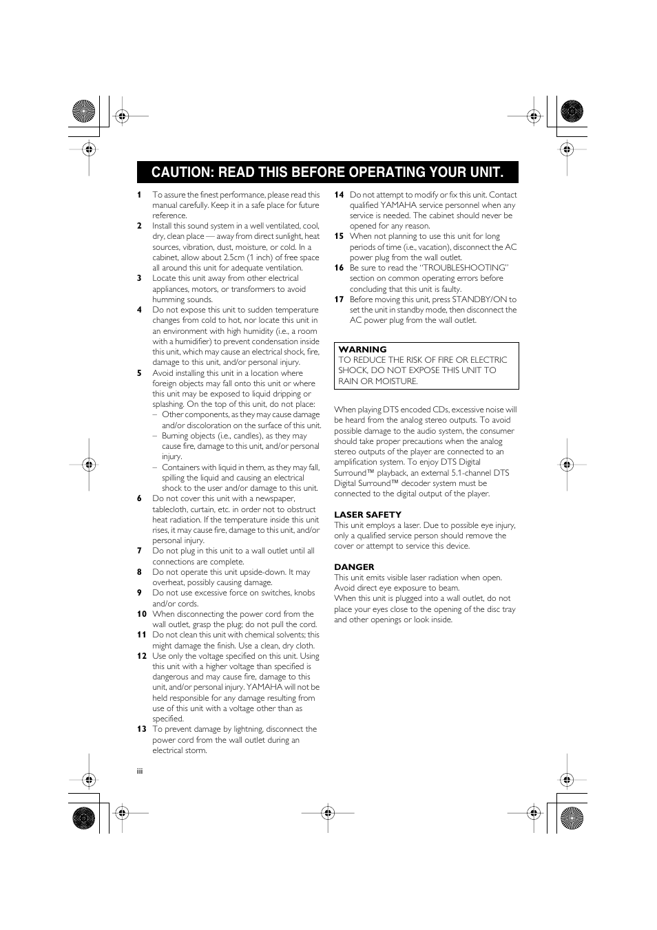 Caution: read this before operating your unit | Yamaha DVD-S550 User Manual | Page 4 / 36