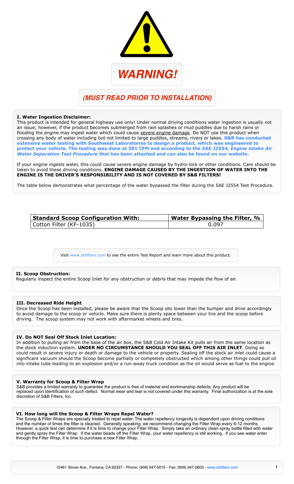 S&B Filters Cold Air Intake Scoop AS-1007 User Manual | 5 pages