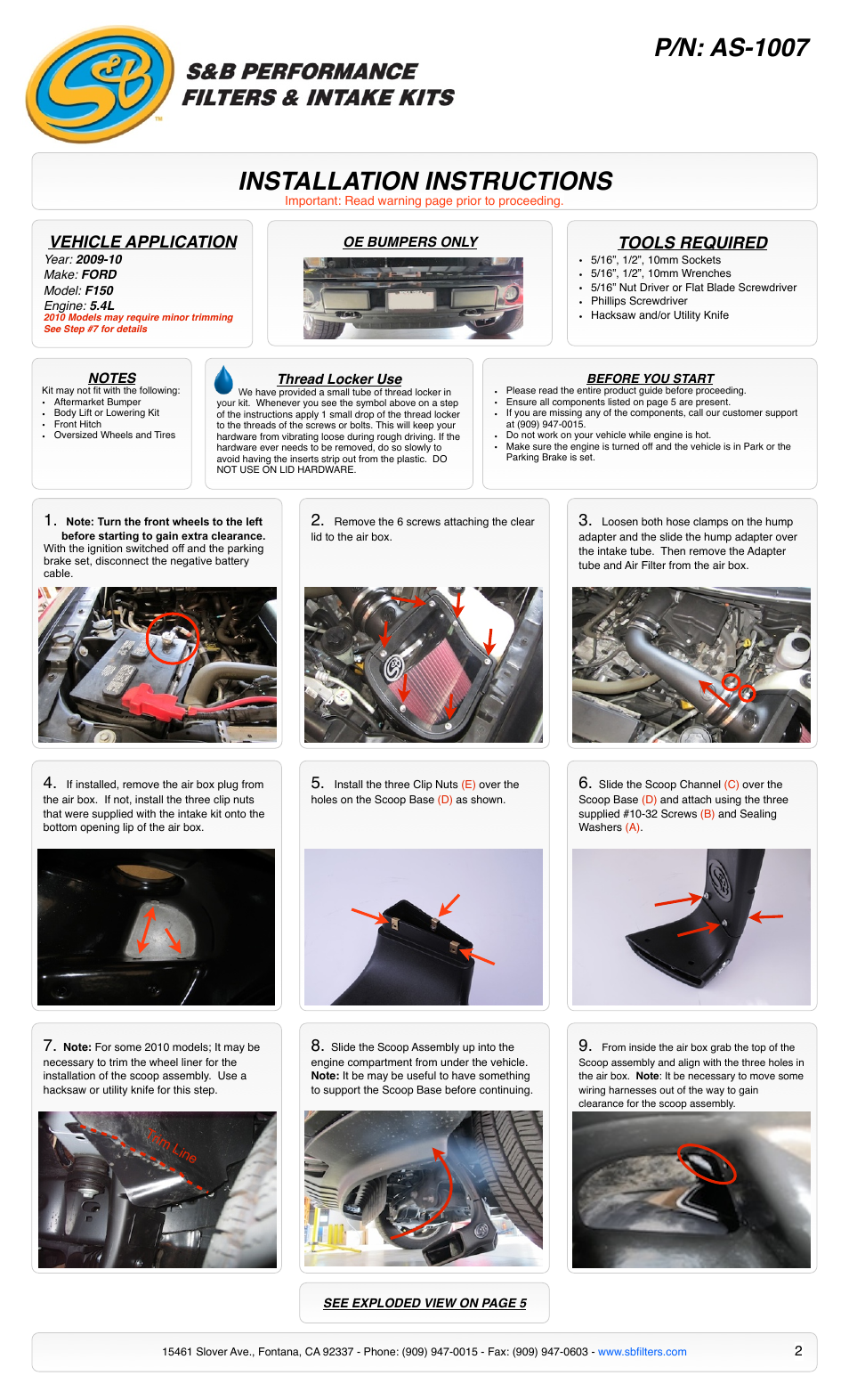 Installation instructions, P/n: as-1007, Vehicle application | Tools required | S&B Filters Cold Air Intake Scoop AS-1007 User Manual | Page 2 / 5