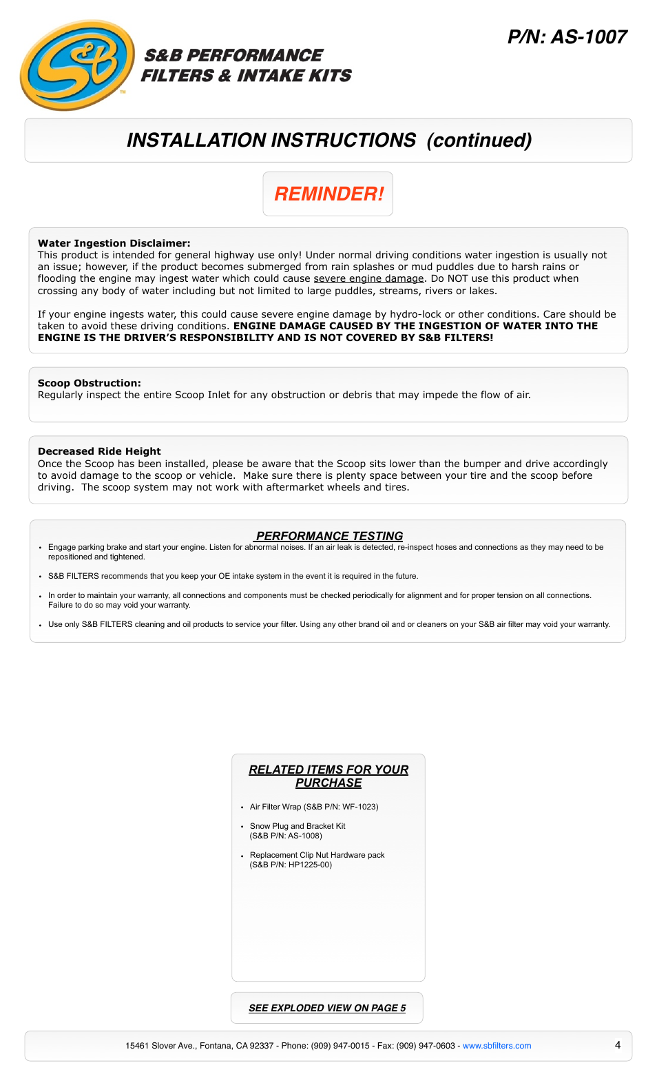 Installation instructions (continued) p/n: as-1007, Reminder | S&B Filters Cold Air Intake Scoop AS-1007 User Manual | Page 4 / 5