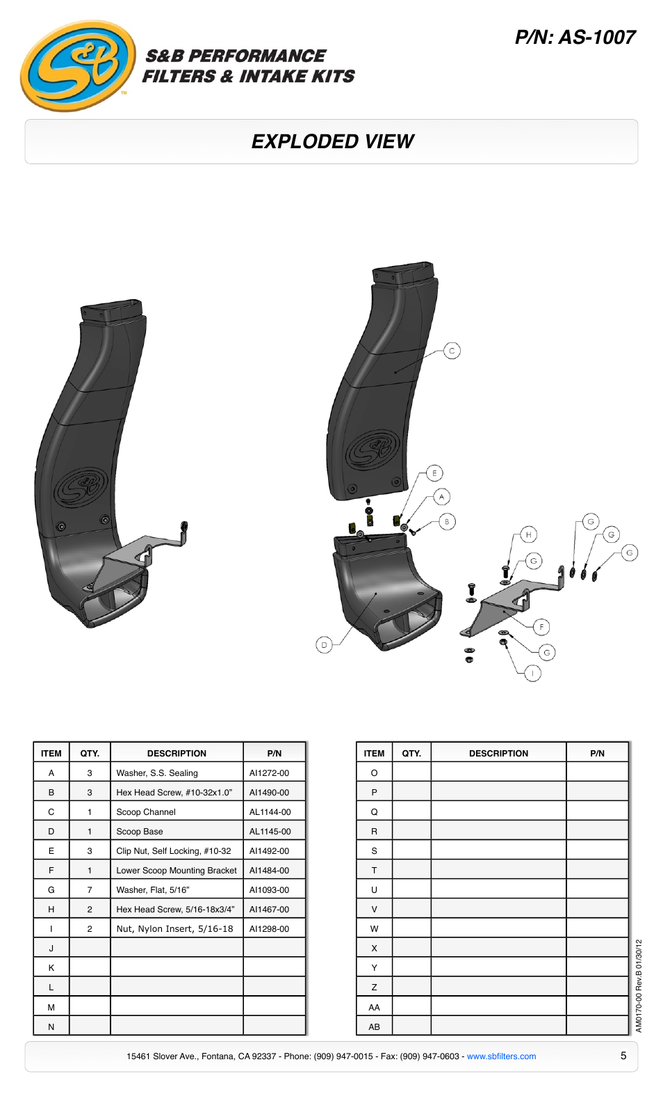 Exploded view p/n: as-1007 | S&B Filters Cold Air Intake Scoop AS-1007 User Manual | Page 5 / 5