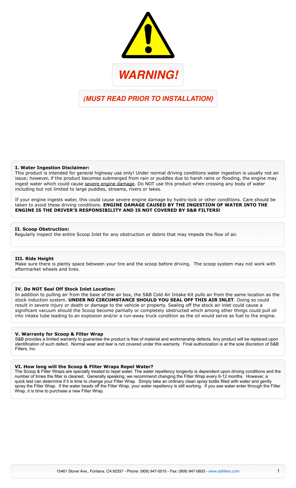 S&B Filters Cold Air Intake Scoop AS-1009 User Manual | 5 pages