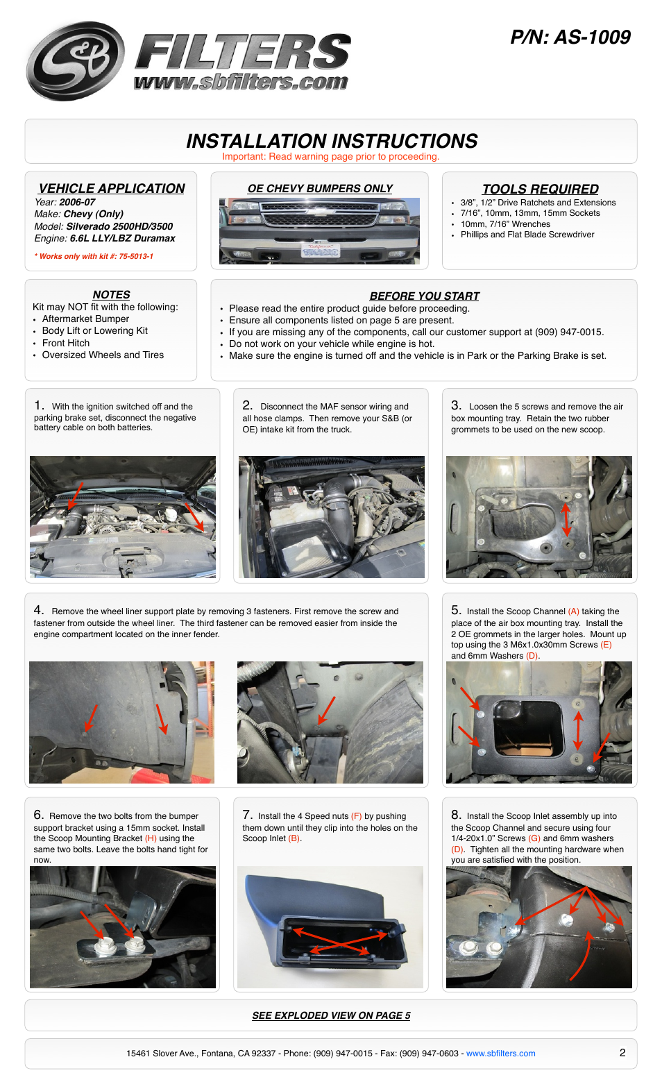 Installation instructions, P/n: as-1009, Vehicle application | Tools required | S&B Filters Cold Air Intake Scoop AS-1009 User Manual | Page 2 / 5