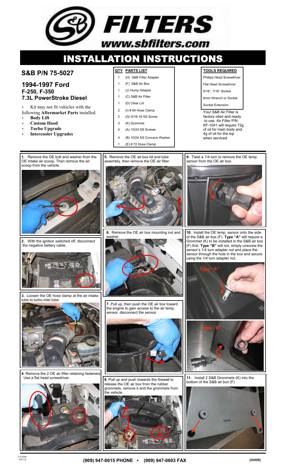 S&B Filters Cold Air Intake Kit - Cotton Filter 75-5027 User Manual | 3 pages
