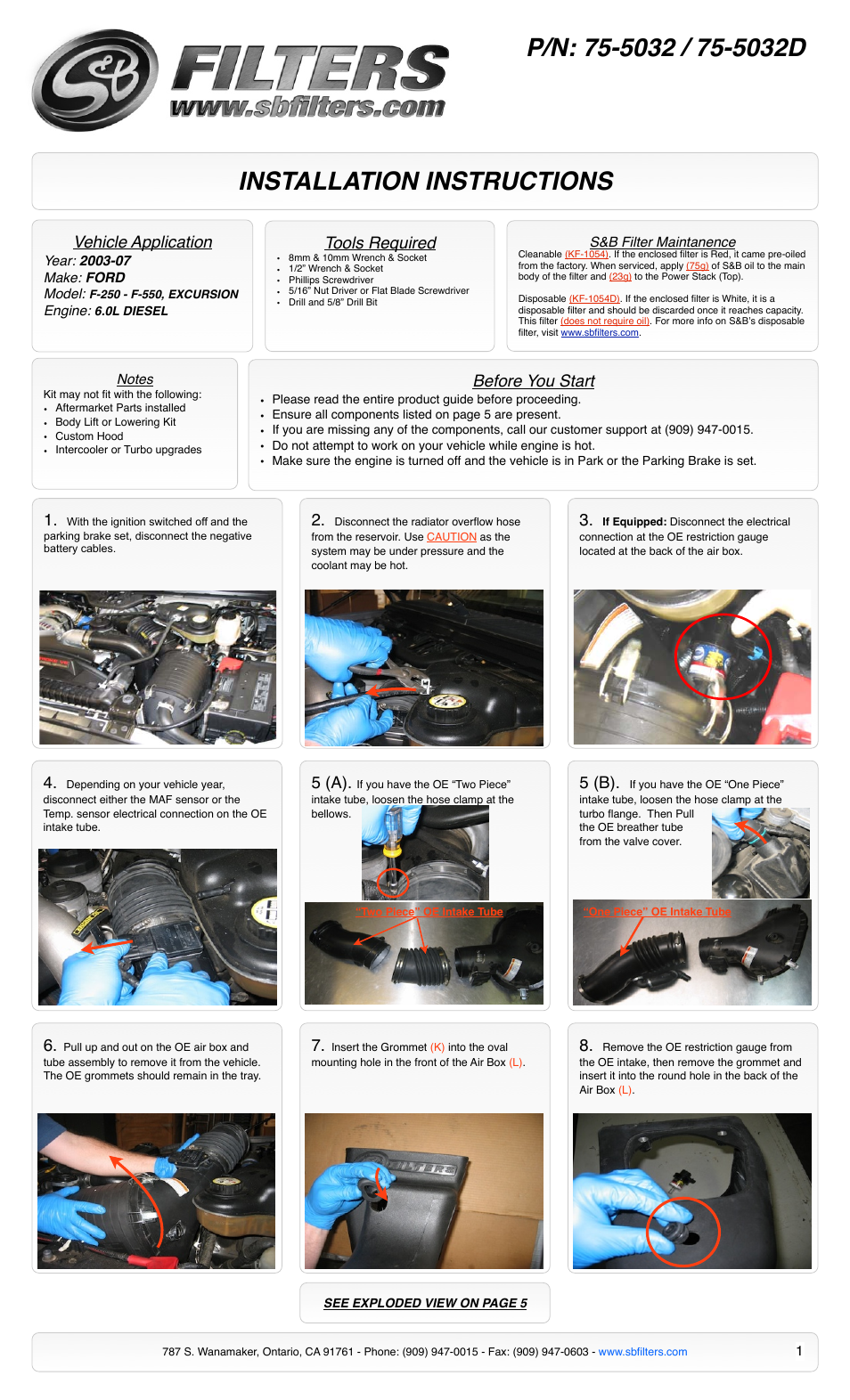 S&B Filters Cold Air Intake Kit - Cotton Filter 75-5032 User Manual | 5 pages