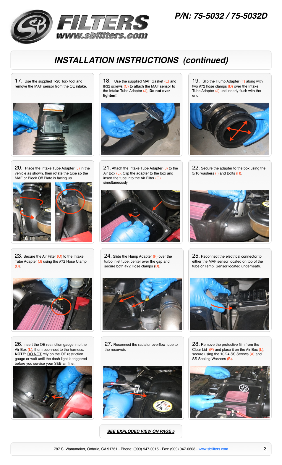 Installation instructions (continued) | S&B Filters Cold Air Intake Kit - Cotton Filter 75-5032 User Manual | Page 3 / 5