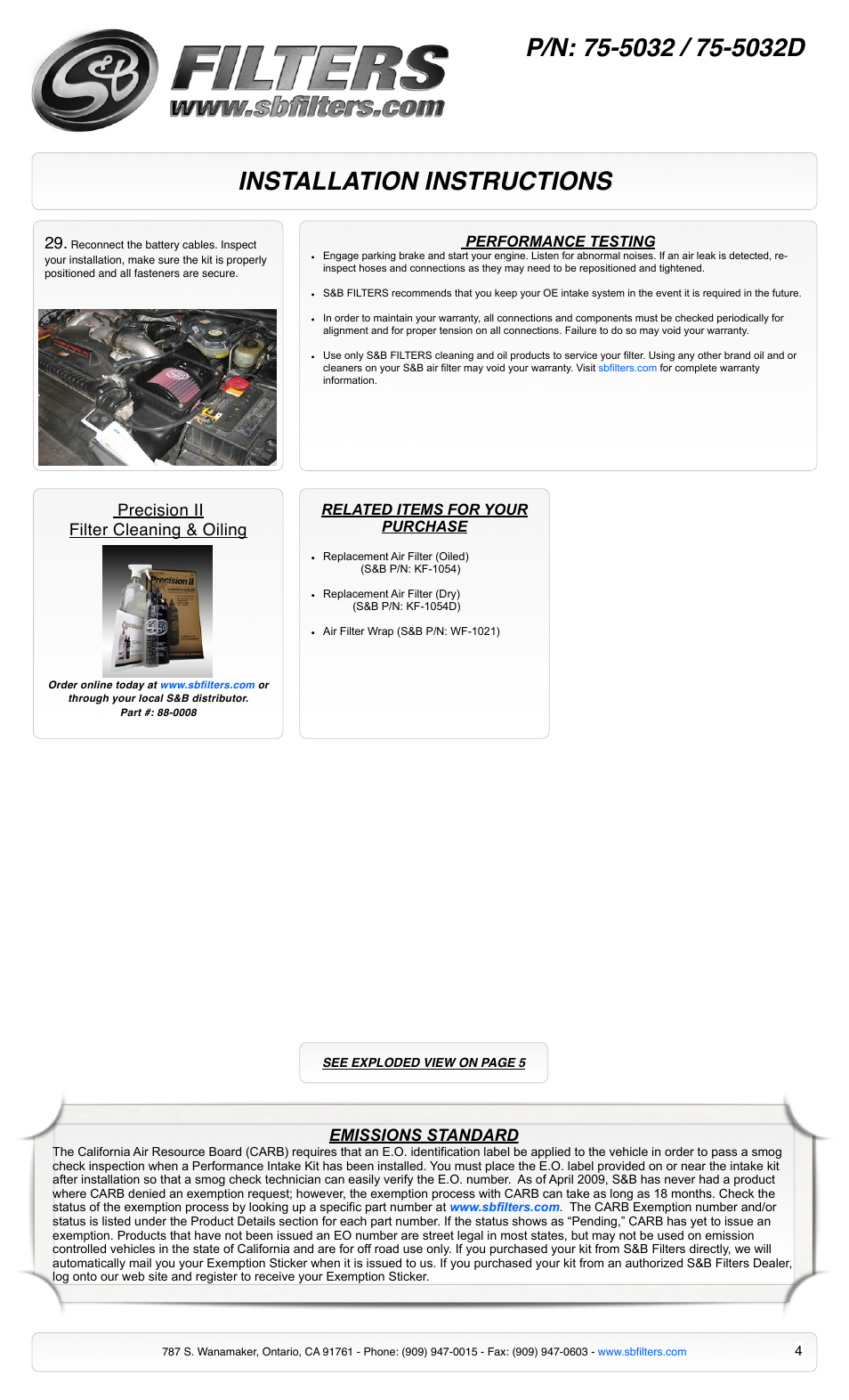 Installation instructions, Emissions standard, Precision ii filter cleaning & oiling | S&B Filters Cold Air Intake Kit - Cotton Filter 75-5032 User Manual | Page 4 / 5