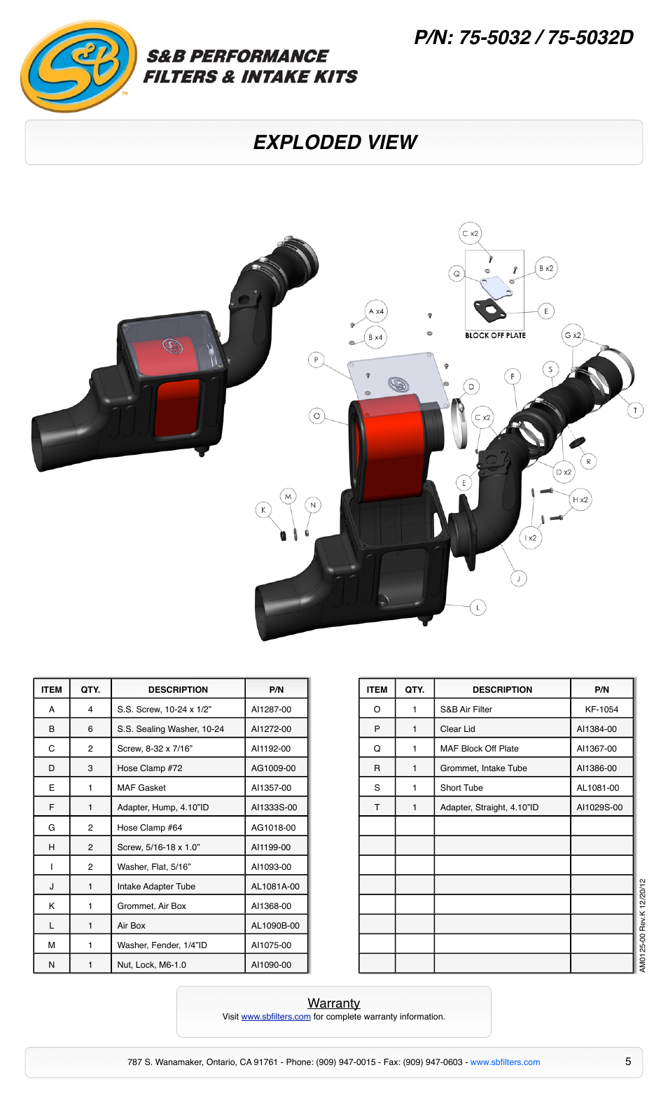 Exploded view, Warranty | S&B Filters Cold Air Intake Kit - Cotton Filter 75-5032 User Manual | Page 5 / 5