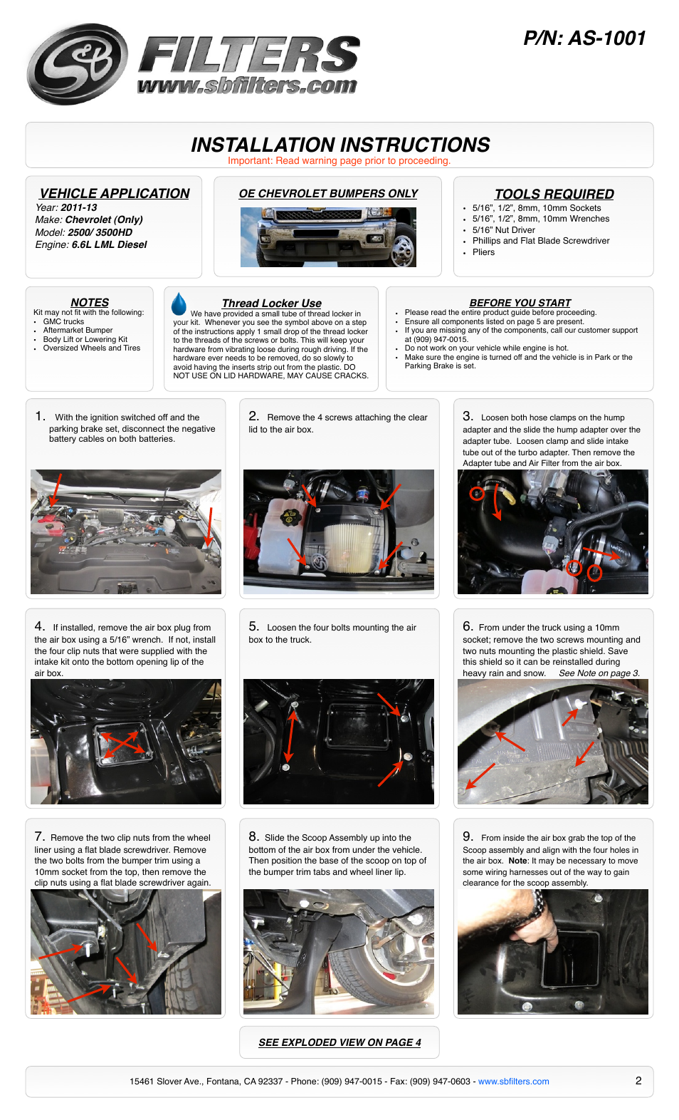 Installation instructions, P/n: as-1001, Vehicle application | Tools required | S&B Filters Cold Air Intake Scoop AS-1001 User Manual | Page 2 / 4