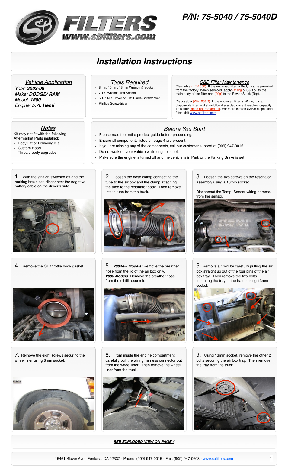 S&B Filters Cold Air Intake Kit - Cotton Filter 75-5040 User Manual | 4 pages