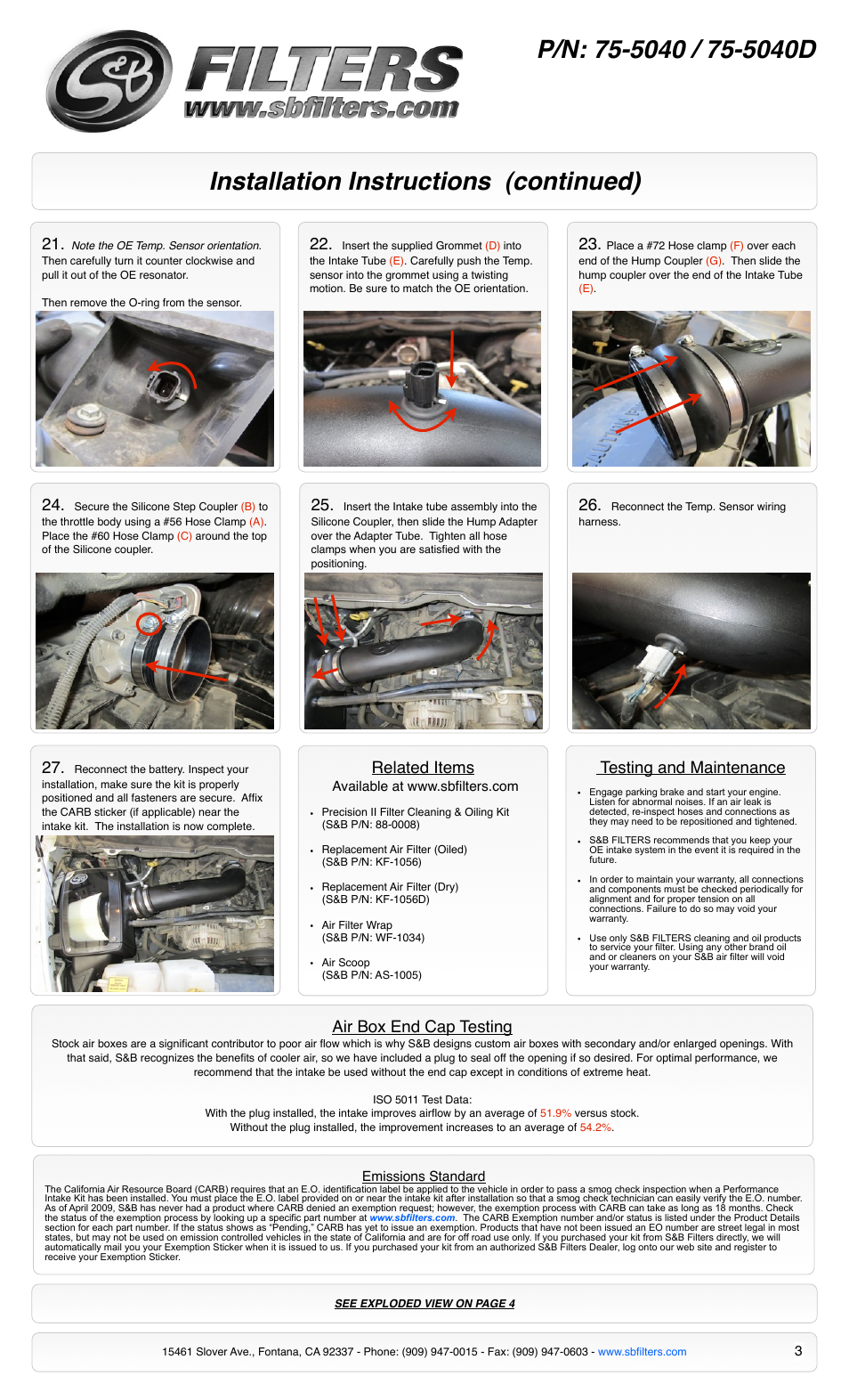 Installation instructions (continued), Related items, Air box end cap testing | Testing and maintenance | S&B Filters Cold Air Intake Kit - Cotton Filter 75-5040 User Manual | Page 3 / 4