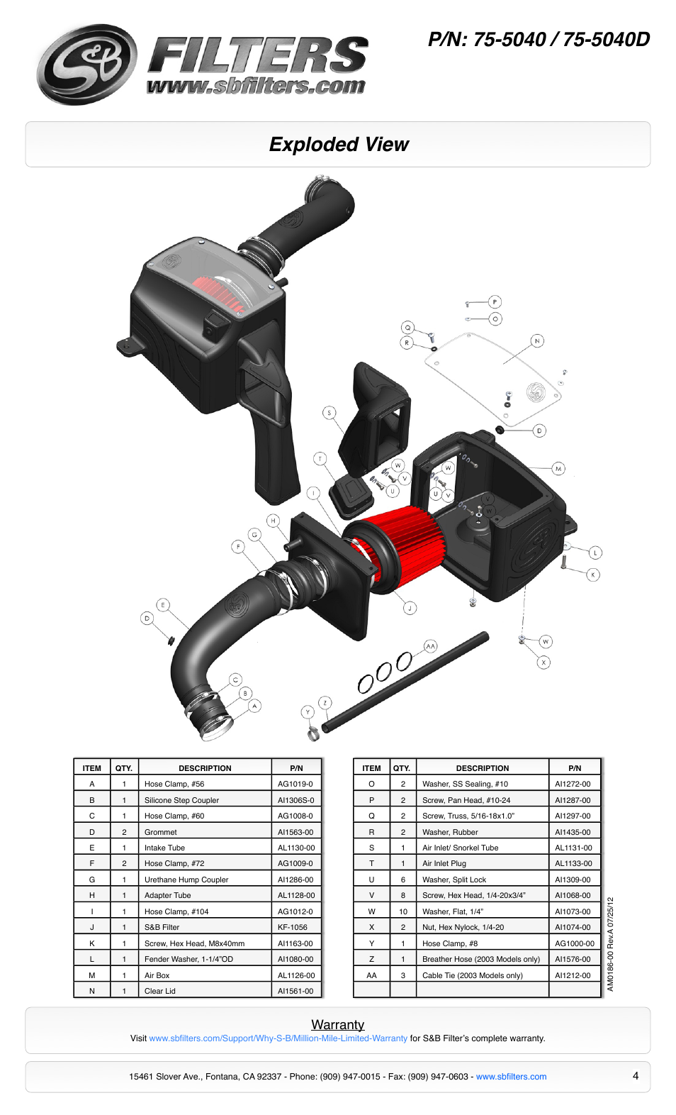 Exploded view, Warranty | S&B Filters Cold Air Intake Kit - Cotton Filter 75-5040 User Manual | Page 4 / 4