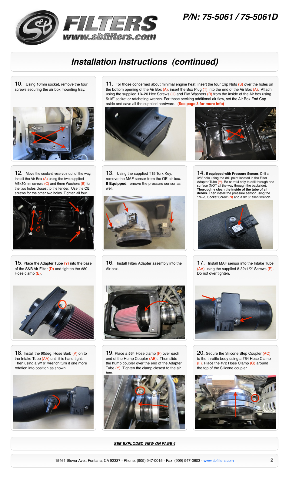 Installation instructions (continued) | S&B Filters Cold Air Intake Kit - Cotton Filter 75-5061 User Manual | Page 2 / 4