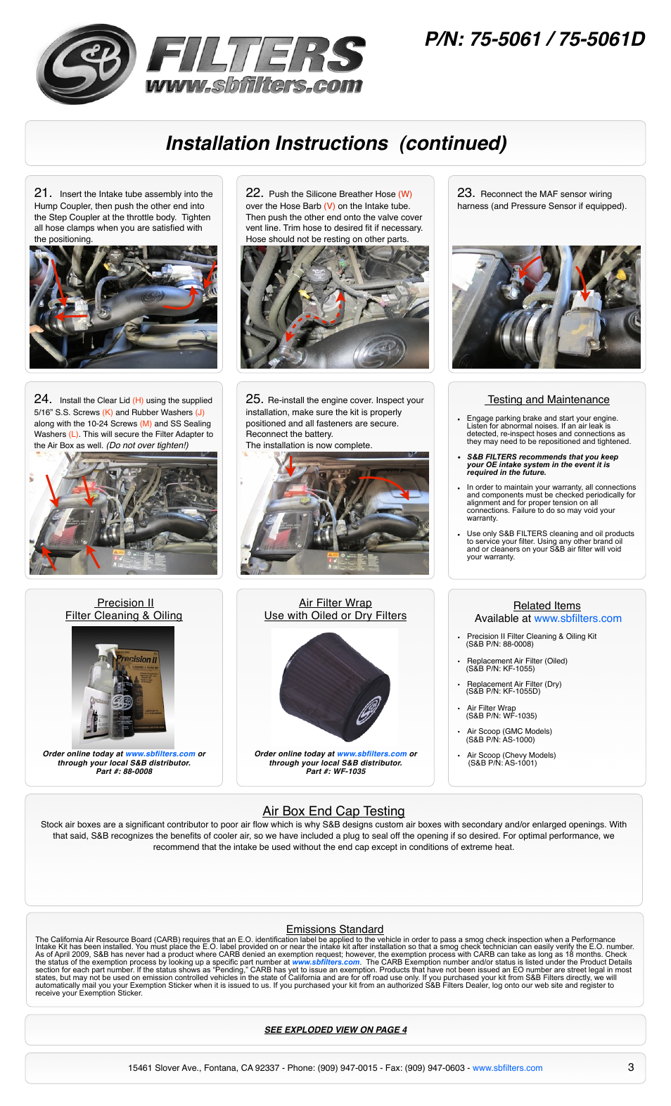 Installation instructions (continued), Air box end cap testing | S&B Filters Cold Air Intake Kit - Cotton Filter 75-5061 User Manual | Page 3 / 4