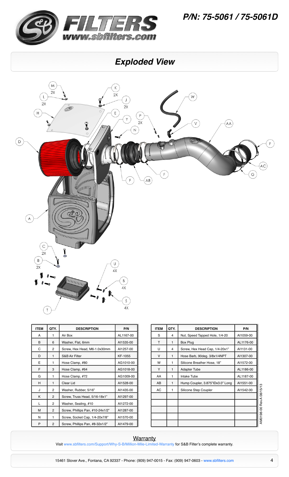 Exploded view, Warranty | S&B Filters Cold Air Intake Kit - Cotton Filter 75-5061 User Manual | Page 4 / 4
