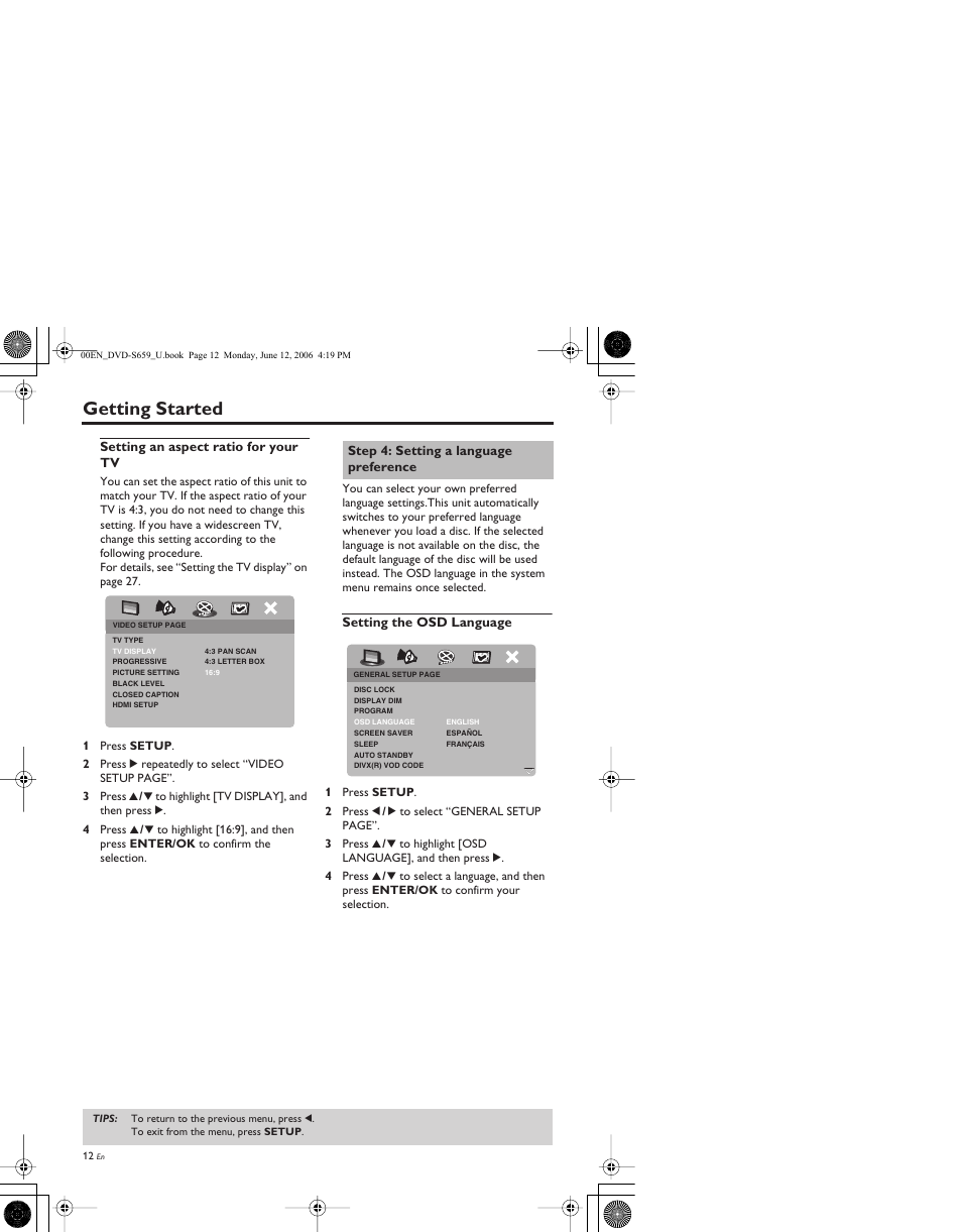 Setting an aspect ratio for your tv, Step 4: setting a language preference, Setting the osd language | Getting started | Yamaha DVD-S659 User Manual | Page 16 / 47