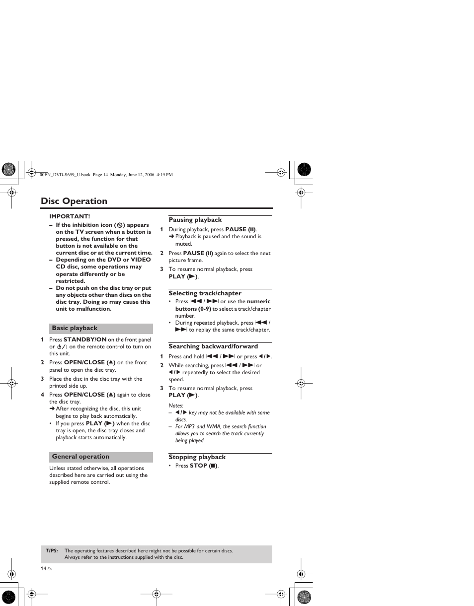 Disc operation, Basic playback, General operation | Pausing playback, Selecting track/chapter, Searching backward/forward, Stopping playback | Yamaha DVD-S659 User Manual | Page 18 / 47