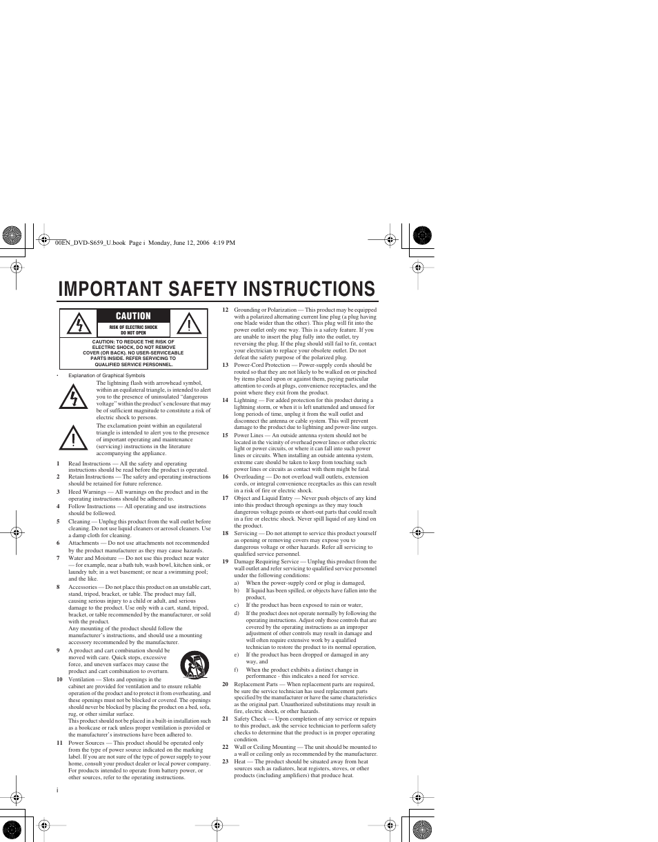 Important safety instructions, Caution | Yamaha DVD-S659 User Manual | Page 2 / 47