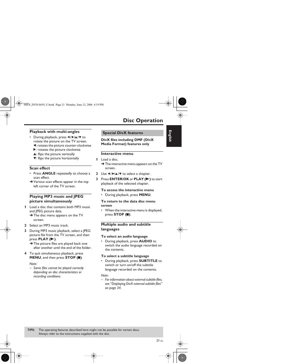 Playback with multi-angles, Scan effect, Hd jpeg | Playing mp3 music and jpeg picture simultaneously, Special divx features, Interactive menu, Multiple audio and subtitle languages, Disc operation | Yamaha DVD-S659 User Manual | Page 25 / 47
