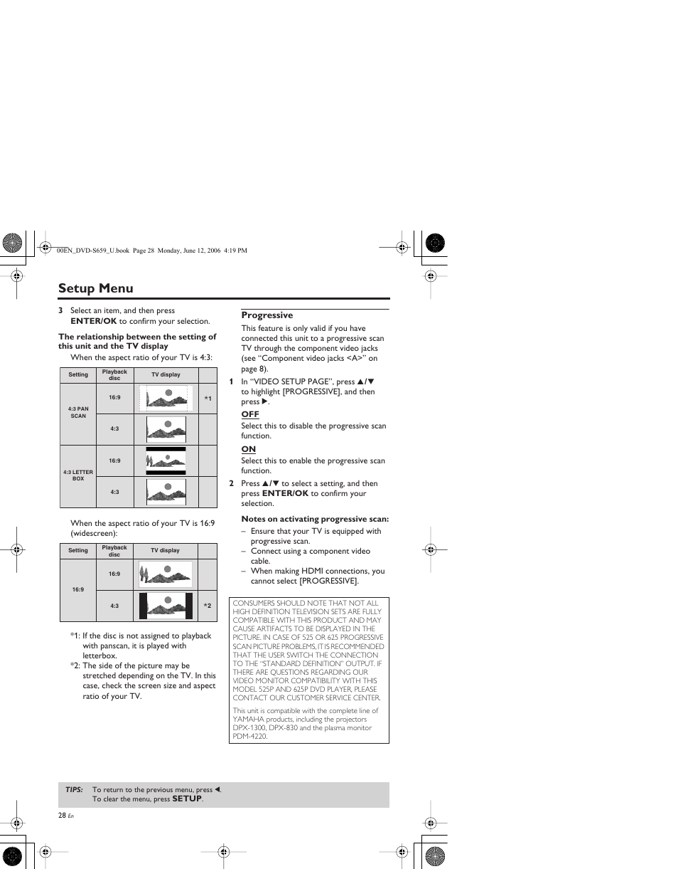 Progressive, Setup menu | Yamaha DVD-S659 User Manual | Page 32 / 47