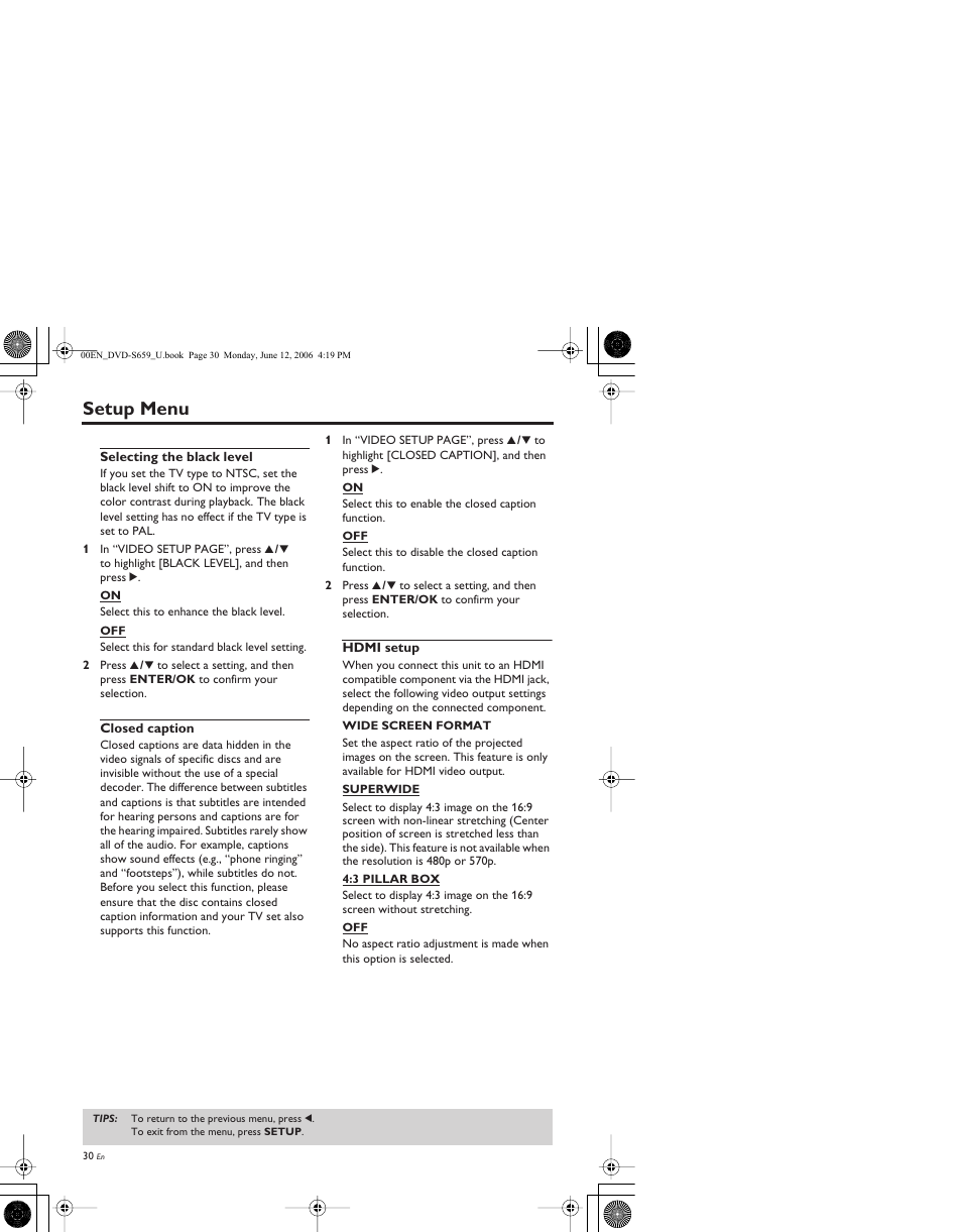 Selecting the black level, Closed caption, Hdmi setup | Setup menu | Yamaha DVD-S659 User Manual | Page 34 / 47