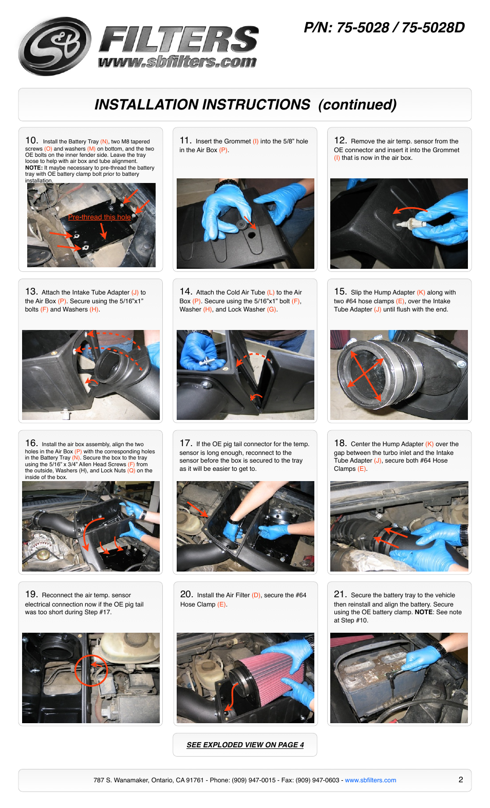 Installation instructions (continued) | S&B Filters Cold Air Intake Kit - Cotton Filter 75-5028 User Manual | Page 2 / 4