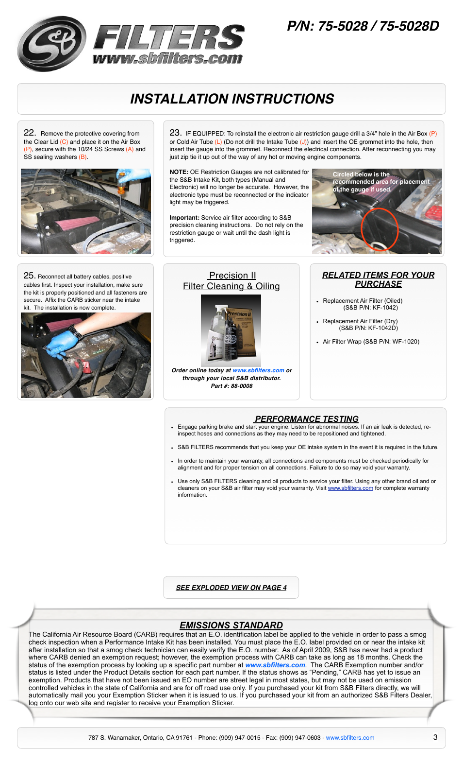 Installation instructions, Emissions standard, Precision ii filter cleaning & oiling | Performance testing, Related items for your purchase | S&B Filters Cold Air Intake Kit - Cotton Filter 75-5028 User Manual | Page 3 / 4
