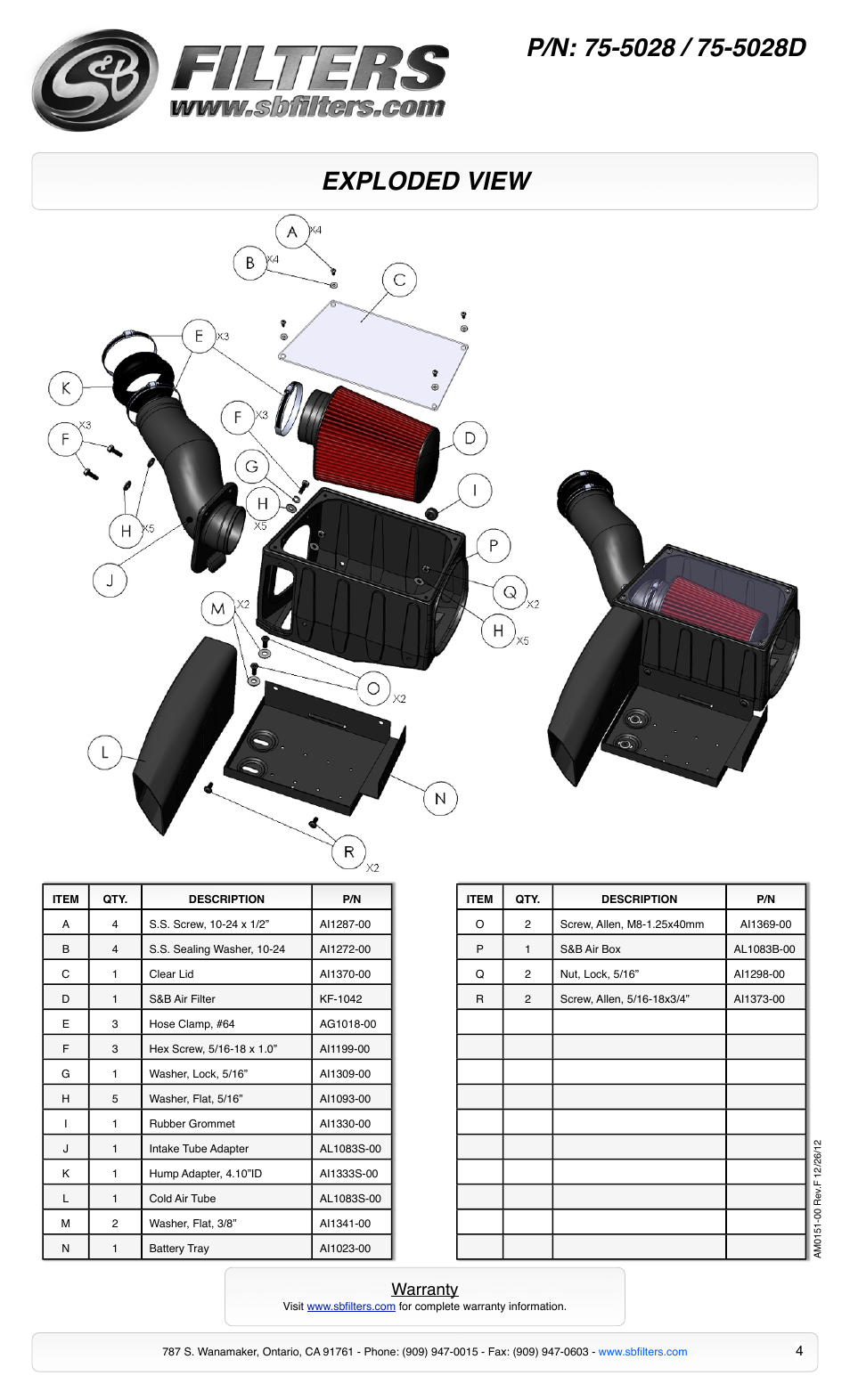 Exploded view, Warranty | S&B Filters Cold Air Intake Kit - Cotton Filter 75-5028 User Manual | Page 4 / 4