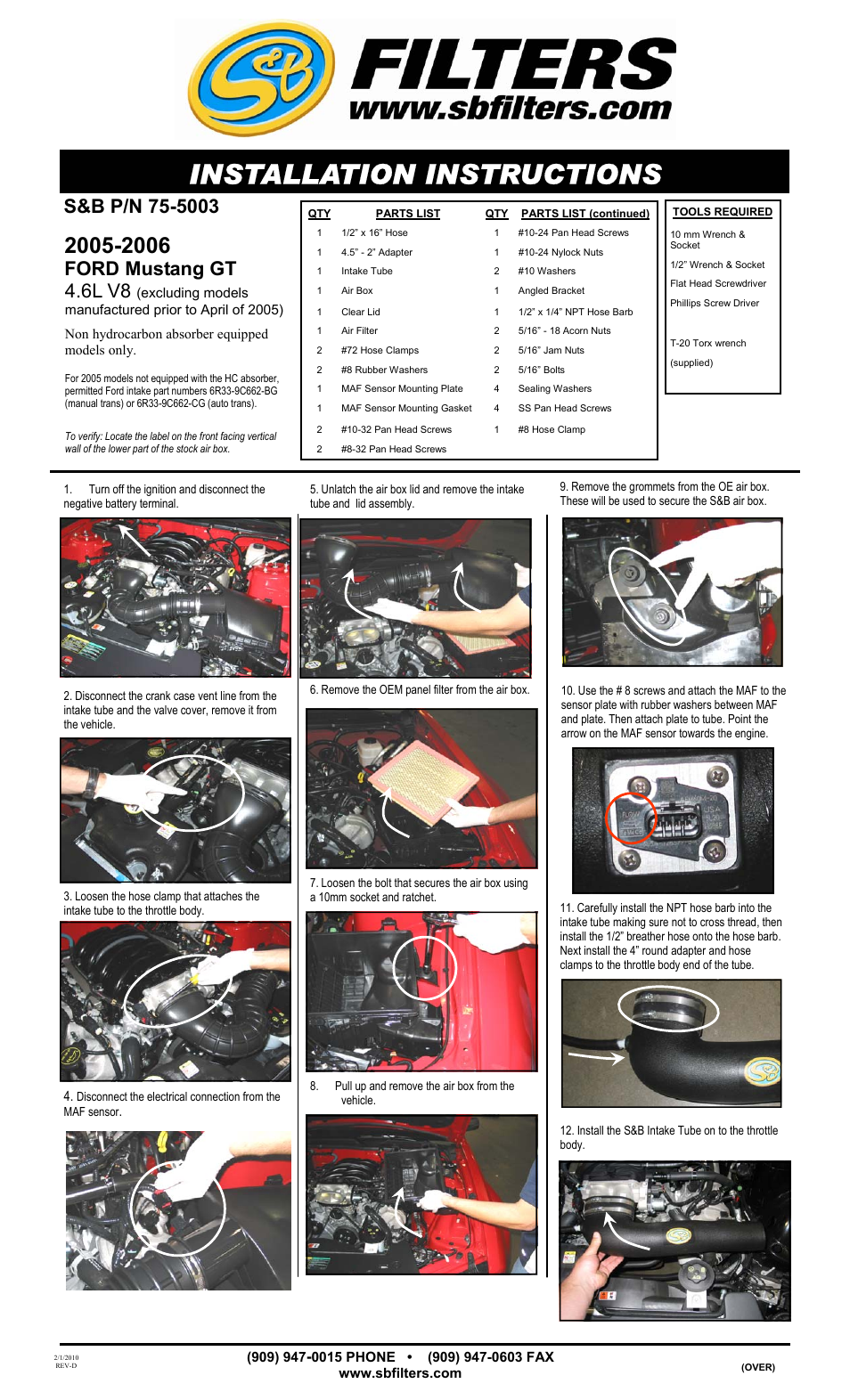 S&B Filters Cold Air Intake Kit - Cotton Filter 75-5003 User Manual | 2 pages