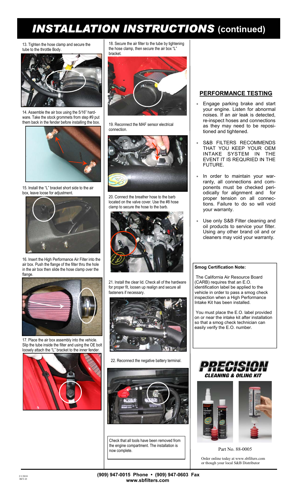 Installation instructions, Continued) | S&B Filters Cold Air Intake Kit - Cotton Filter 75-5003 User Manual | Page 2 / 2