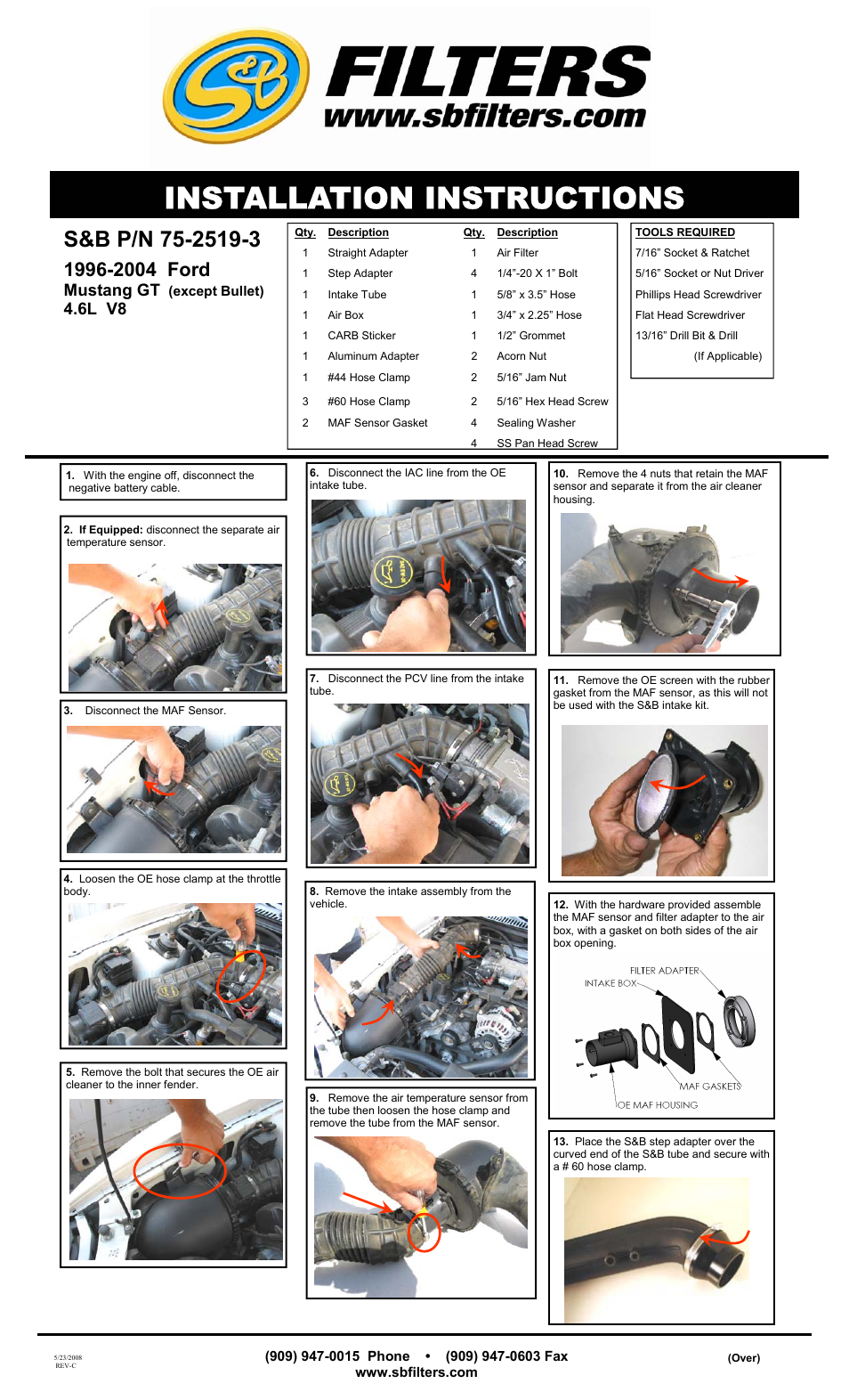 S&B Filters Cold Air Intake Kit - Cotton Filter 75-2519-3 User Manual | 2 pages