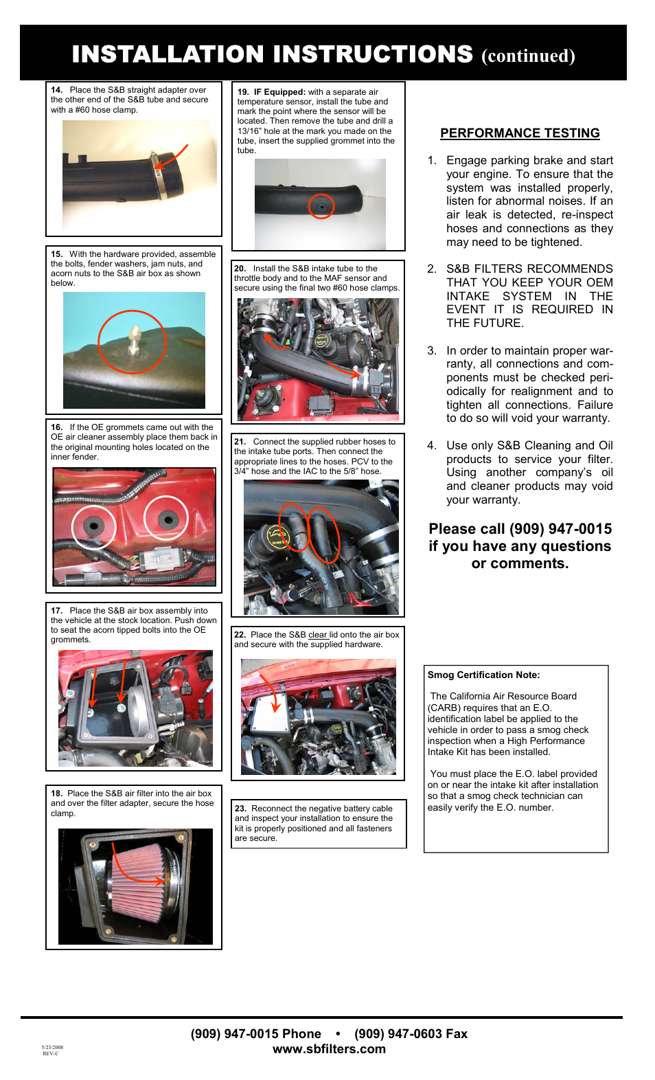Installation instructions, Continued) | S&B Filters Cold Air Intake Kit - Cotton Filter 75-2519-3 User Manual | Page 2 / 2
